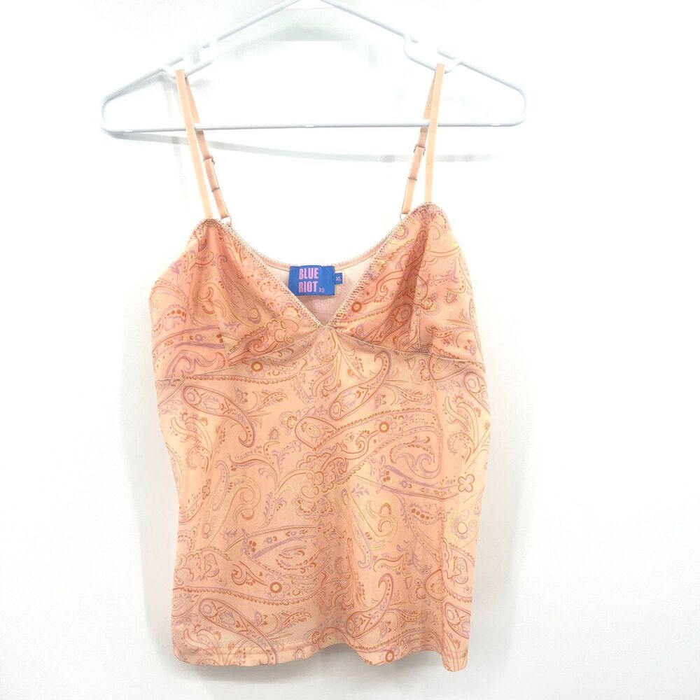Blue Riot XL Peach Paisley Mesh Cami Tank Top Adjustable Straps V-Neck Y2K
